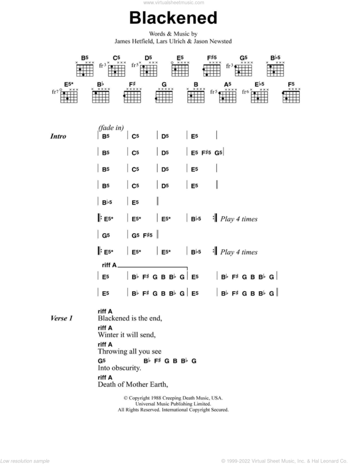 Blackened sheet music for guitar (chords) by Metallica, James Hetfield, Jason Newsted and Lars Ulrich, intermediate skill level