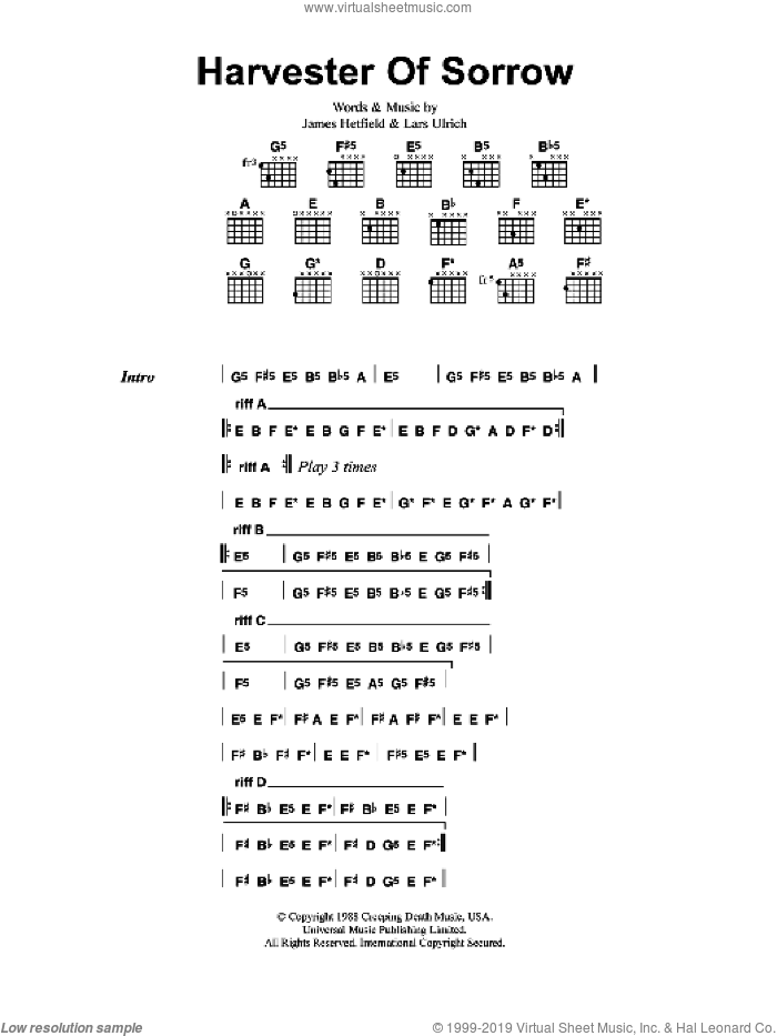 Harvester Of Sorrow sheet music for guitar (chords) by Metallica, James Hetfield and Lars Ulrich, intermediate skill level
