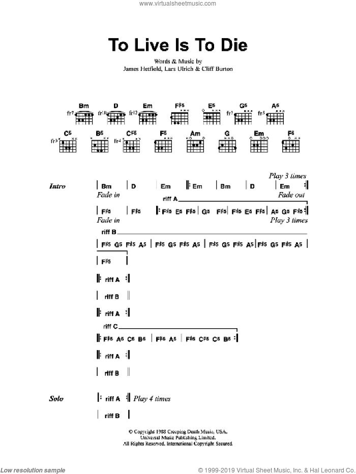 To Live Is To Die sheet music for guitar (chords) by Metallica, Cliff Burton, James Hetfield and Lars Ulrich, intermediate skill level