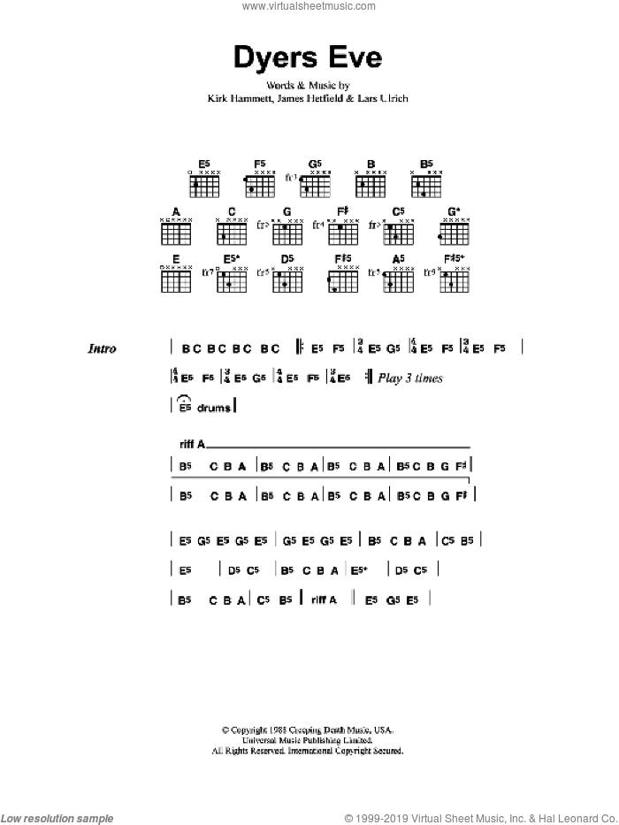 Dyer's Eve sheet music for guitar (chords) by Metallica, James Hetfield, Kirk Hammett and Lars Ulrich, intermediate skill level