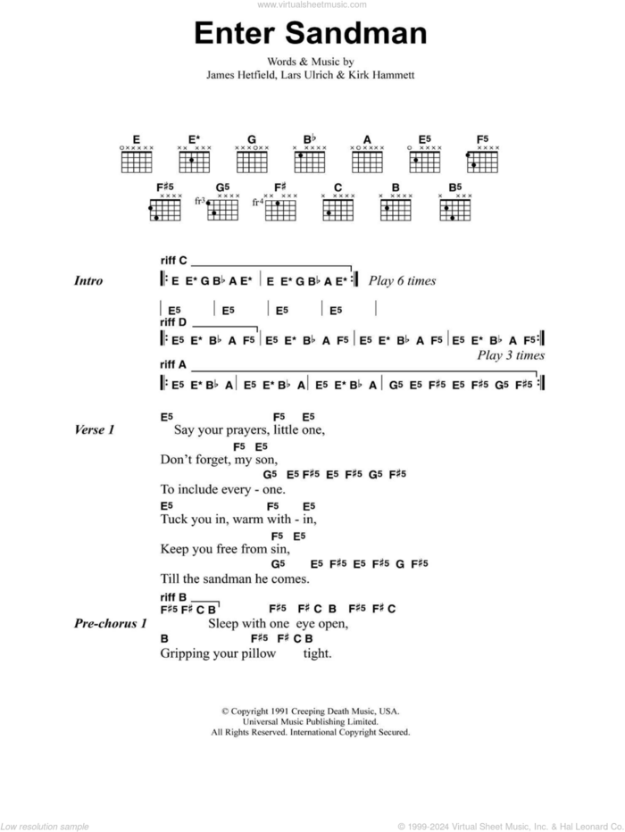 Enter Sandman sheet music for guitar (chords) by Metallica, James Hetfield, Kirk Hammett and Lars Ulrich, intermediate skill level