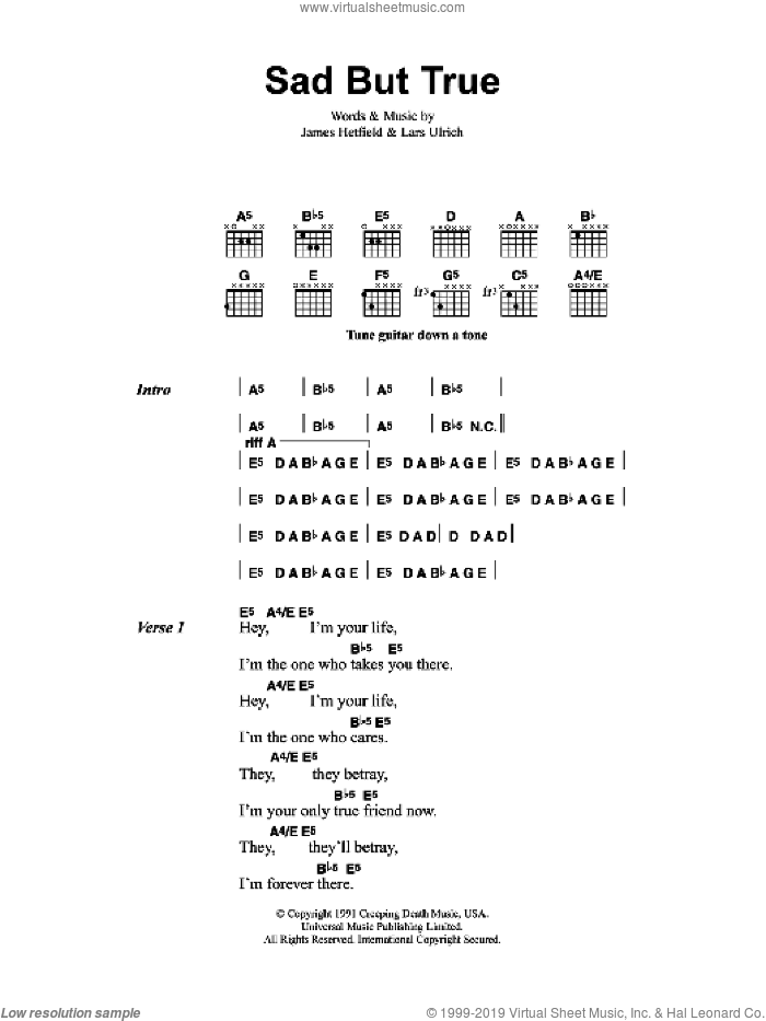 Sad But True sheet music for guitar (chords) by Metallica, James Hetfield and Lars Ulrich, intermediate skill level