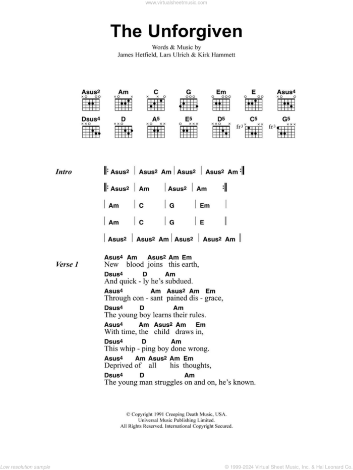 The Unforgiven sheet music for guitar (chords) by Metallica, James Hetfield, Kirk Hammett and Lars Ulrich, intermediate skill level