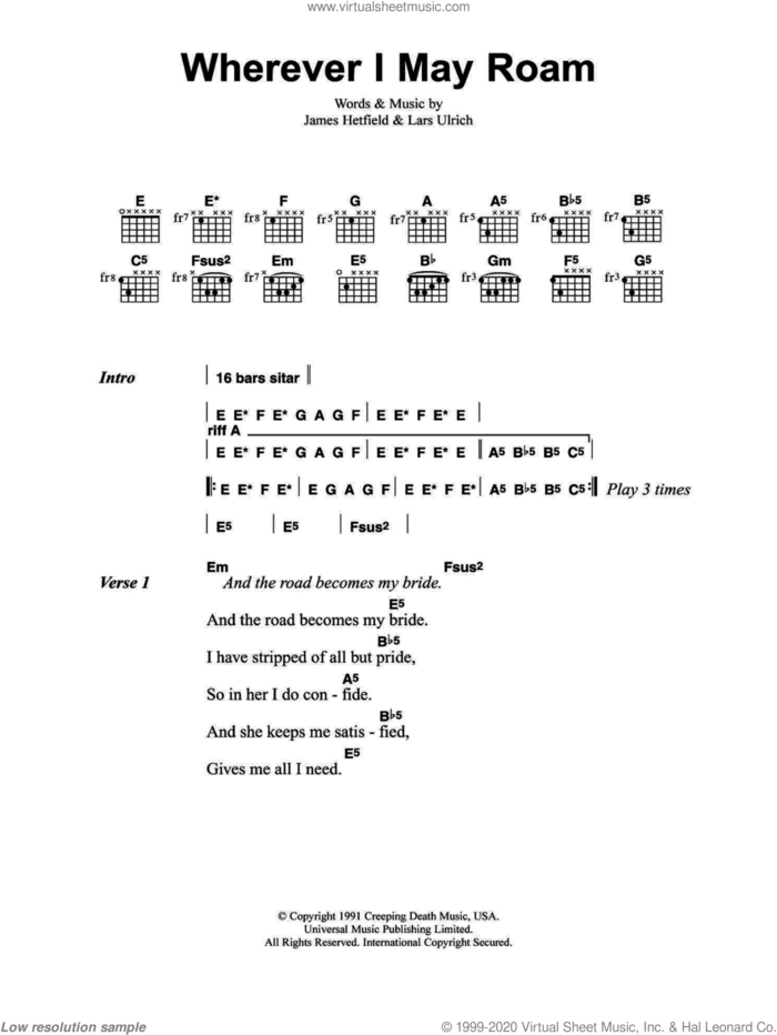 Wherever I May Roam sheet music for guitar (chords) by Metallica, James Hetfield and Lars Ulrich, intermediate skill level