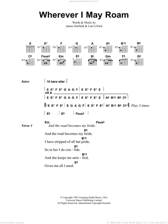 Wherever I May Roam sheet music for guitar (chords) by Metallica, James Hetfield and Lars Ulrich, intermediate skill level