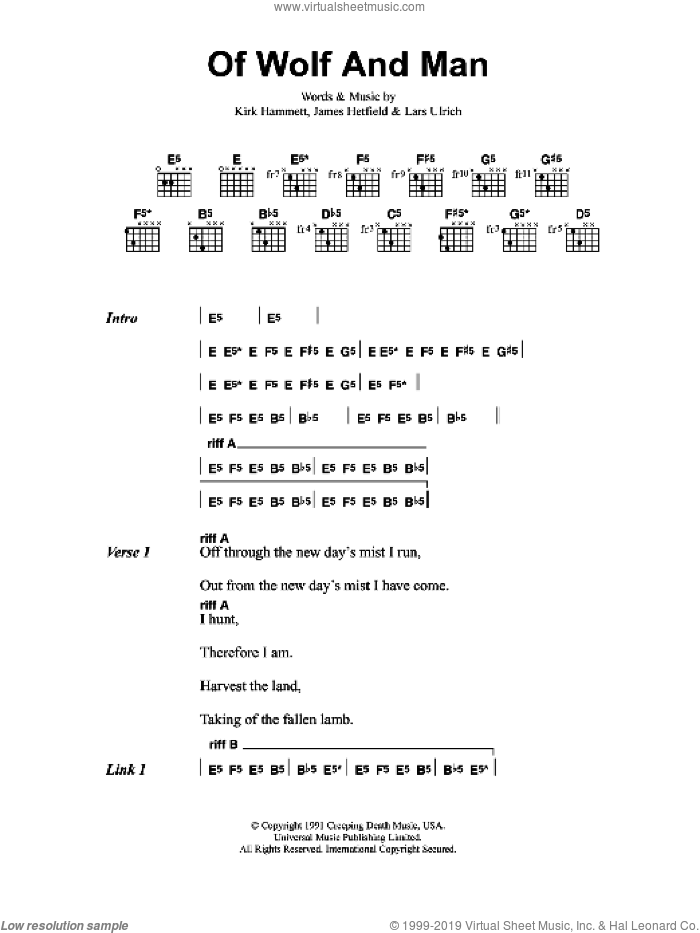 Of Wolf And Man sheet music for guitar (chords) by Metallica, James Hetfield, Kirk Hammett and Lars Ulrich, intermediate skill level