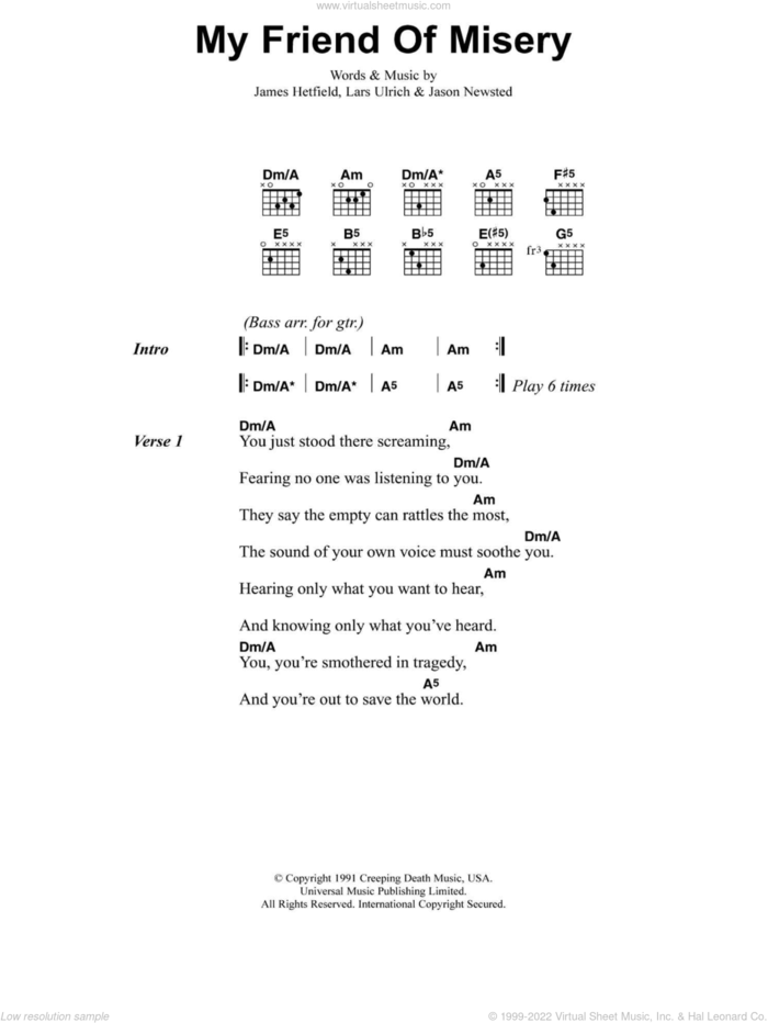 My Friend Of Misery sheet music for guitar (chords) by Metallica, James Hetfield, Jason Newsted and Lars Ulrich, intermediate skill level