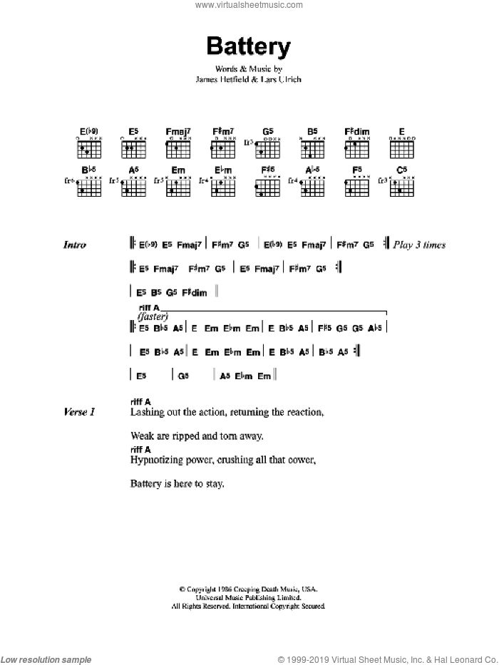 Battery sheet music for guitar (chords) by Metallica, James Hetfield and Lars Ulrich, intermediate skill level