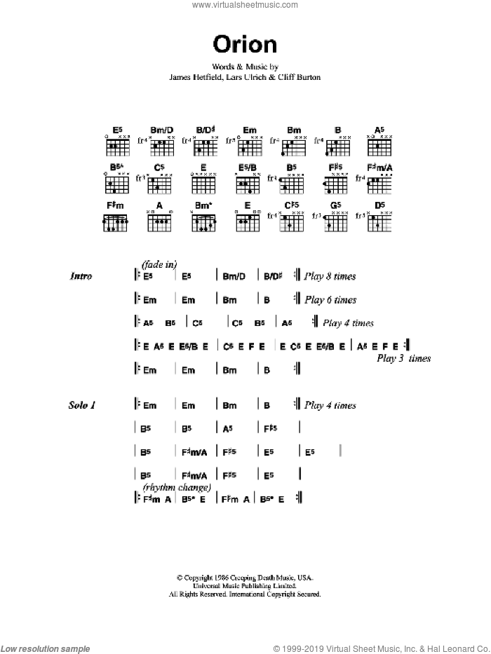 Orion sheet music for guitar (chords) by Metallica, Cliff Burton, James Hetfield and Lars Ulrich, intermediate skill level