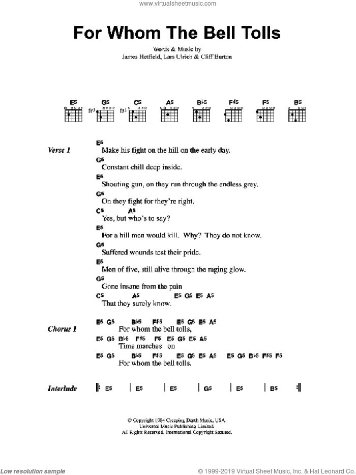 For Whom The Bell Tolls sheet music for guitar (chords) by Metallica, Cliff Burton, James Hetfield and Lars Ulrich, intermediate skill level