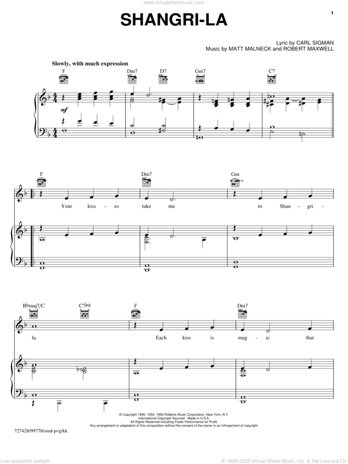 Shangri-la sheet music for voice, piano or guitar by Carl Sigman, Matt Malneck and Robert Maxwell, intermediate skill level