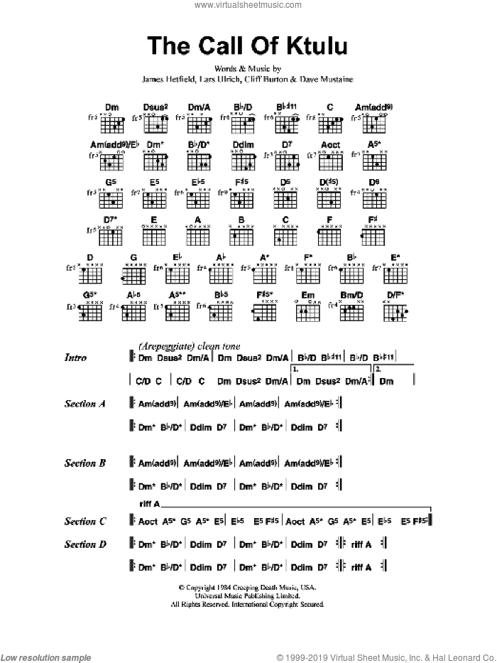 The Call Of Ktulu sheet music for guitar (chords) by Metallica, Cliff Burton, Dave Mustaine, James Hetfield and Lars Ulrich, intermediate skill level