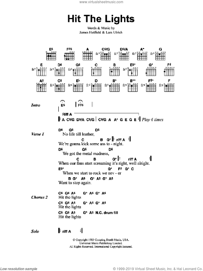 Hit The Lights sheet music for guitar (chords) by Metallica, James Hetfield and Lars Ulrich, intermediate skill level