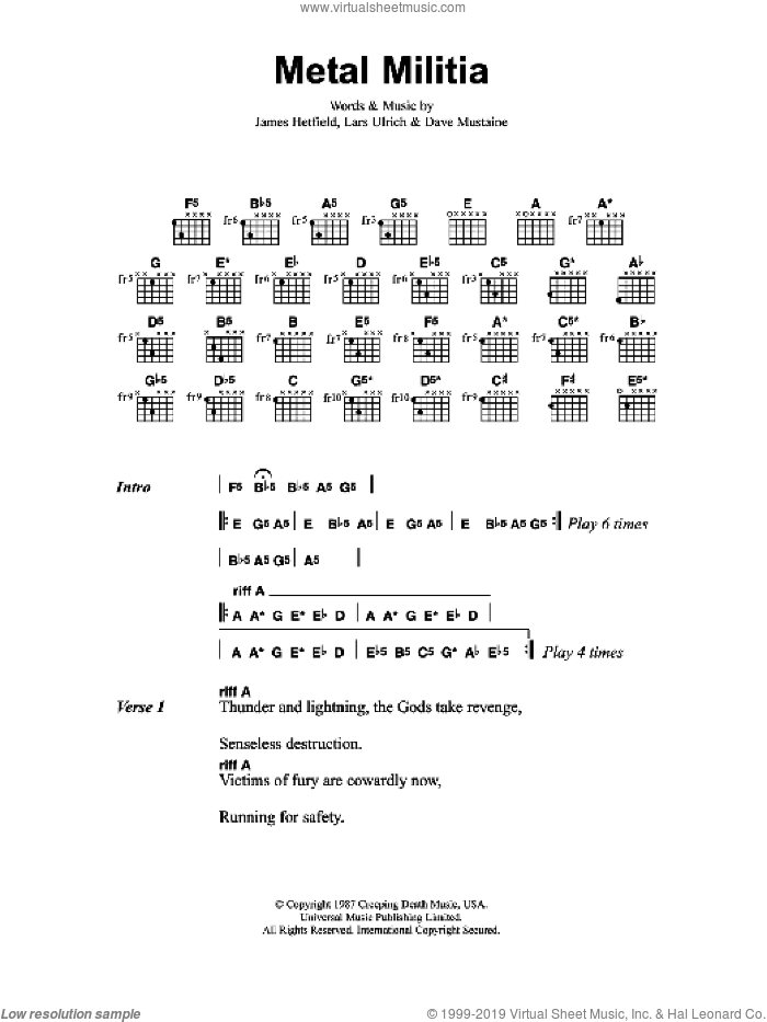 Metal Militia sheet music for guitar (chords) by Metallica, Dave Mustaine, James Hetfield and Lars Ulrich, intermediate skill level