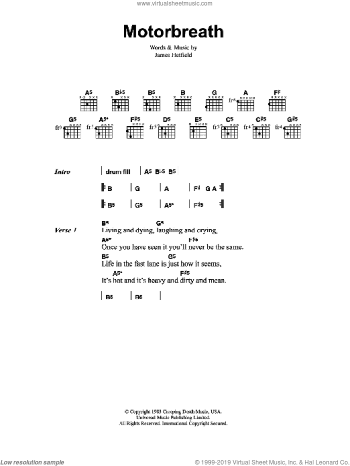 Motorbreath sheet music for guitar (chords) by Metallica and James Hetfield, intermediate skill level