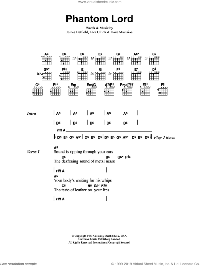 Phantom Lord sheet music for guitar (chords) by Metallica, Dave Mustaine, James Hetfield and Lars Ulrich, intermediate skill level
