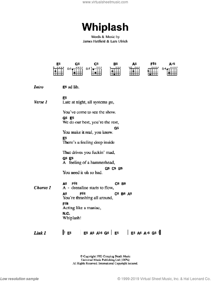 Whiplash sheet music for guitar (chords) by Metallica, James Hetfield and Lars Ulrich, intermediate skill level