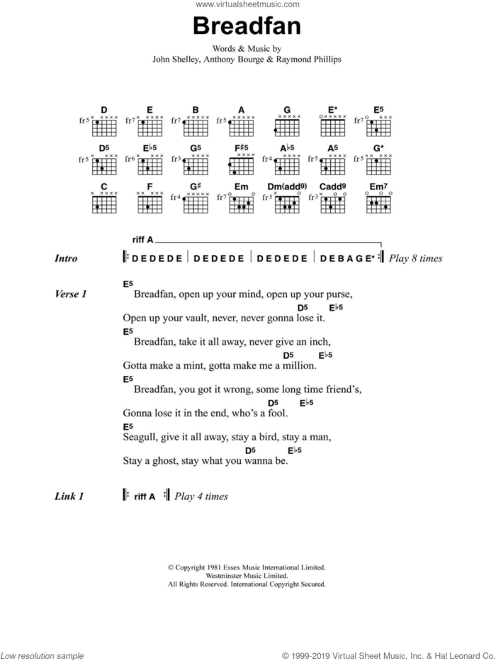 Breadfan sheet music for guitar (chords) by Metallica, Anthony Bourge, John Shelley and Raymond Phillips, intermediate skill level