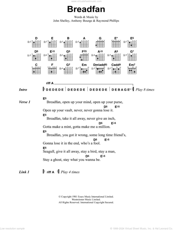 Breadfan sheet music for guitar (chords) by Metallica, Anthony Bourge, John Shelley and Raymond Phillips, intermediate skill level