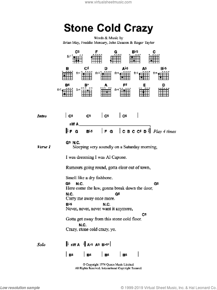 Stone Cold Crazy sheet music for guitar (chords) by Metallica, Brian May, Freddie Mercury, John Deacon and Roger Taylor, intermediate skill level