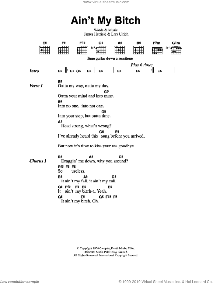 Ain't My Bitch sheet music for guitar (chords) by Metallica, James Hetfield and Lars Ulrich, intermediate skill level