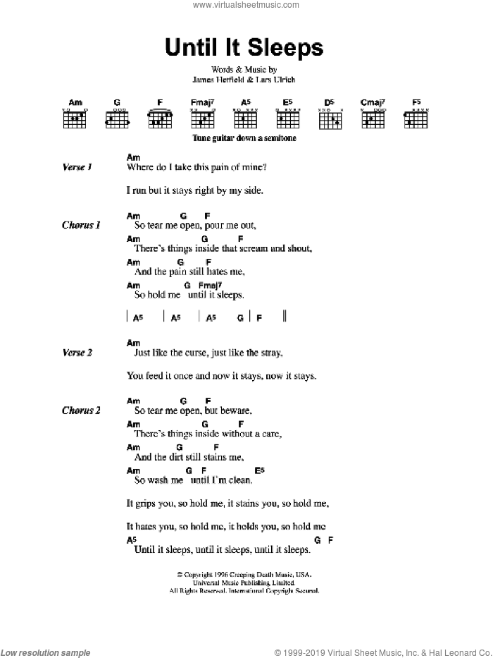 Until It Sleeps sheet music for guitar (chords) by Metallica, James Hetfield and Lars Ulrich, intermediate skill level