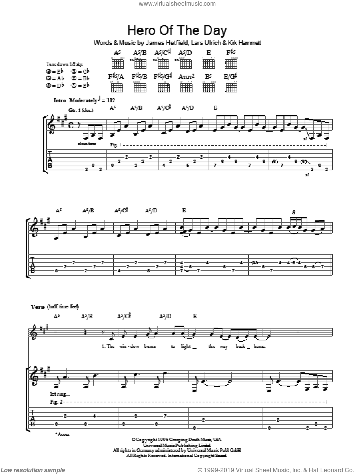Hero Of The Day sheet music for guitar (tablature) by Metallica, James Hetfield, Kirk Hammett and Lars Ulrich, intermediate skill level