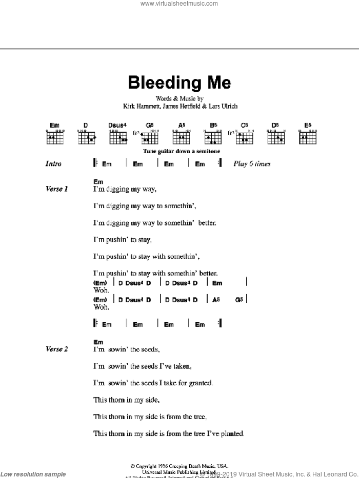 Cure sheet music for guitar (chords) by Metallica, James Hetfield and Lars Ulrich, intermediate skill level