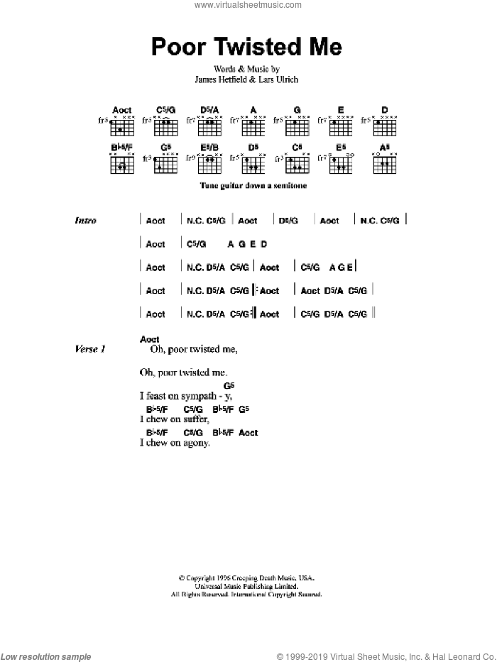 Poor Twisted Me sheet music for guitar (chords) by Metallica, James Hetfield and Lars Ulrich, intermediate skill level