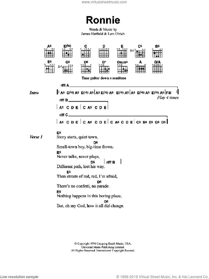Ronnie sheet music for guitar (chords) by Metallica, James Hetfield and Lars Ulrich, intermediate skill level