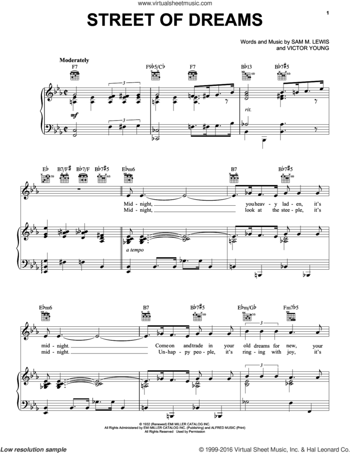 Street Of Dreams sheet music for voice, piano or guitar by Frank Sinatra, Peggy Lee, The Ink Spots, Sam Lewis and Victor Young, intermediate skill level