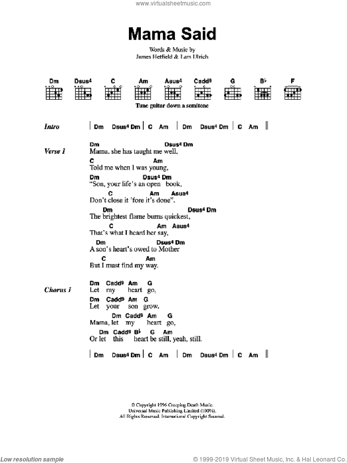 Mama Said sheet music for guitar (chords) by Metallica, James Hetfield and Lars Ulrich, intermediate skill level