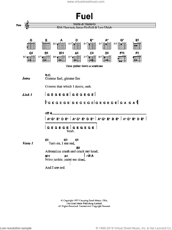 Fuel sheet music for guitar (chords) by Metallica, James Hetfield, Kirk Hammett and Lars Ulrich, intermediate skill level