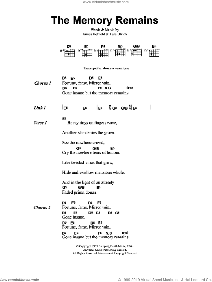 The Memory Remains sheet music for guitar (chords) by Metallica, James Hetfield and Lars Ulrich, intermediate skill level
