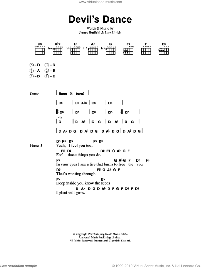 Devil's Dance sheet music for guitar (chords) by Metallica, James Hetfield and Lars Ulrich, intermediate skill level