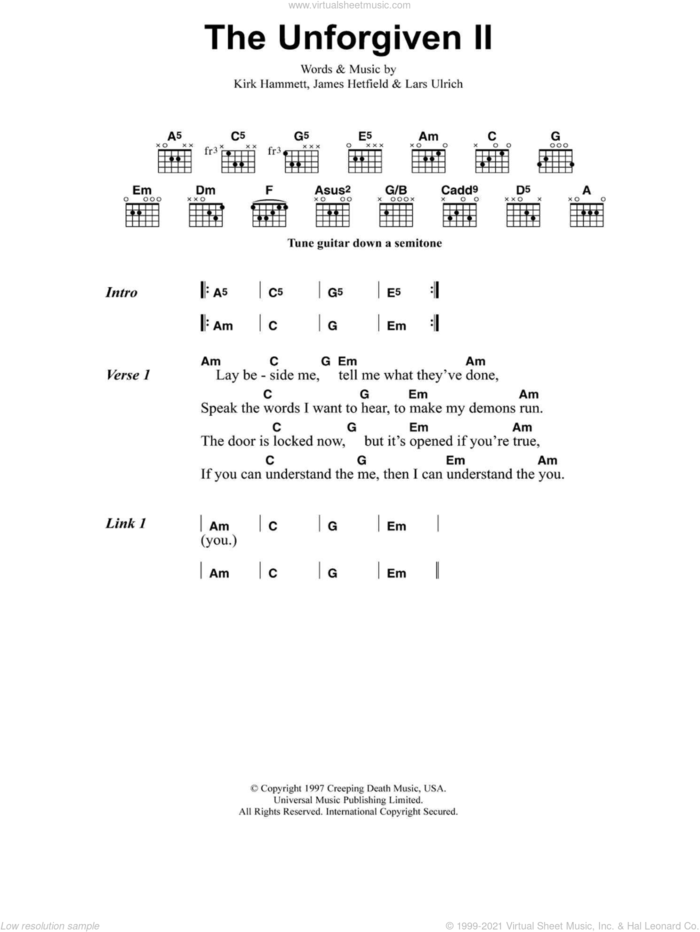 The Unforgiven II sheet music for guitar (chords) by Metallica, James Hetfield, Kirk Hammett and Lars Ulrich, intermediate skill level
