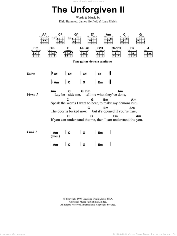 The Unforgiven II sheet music for guitar (chords) by Metallica, James Hetfield, Kirk Hammett and Lars Ulrich, intermediate skill level