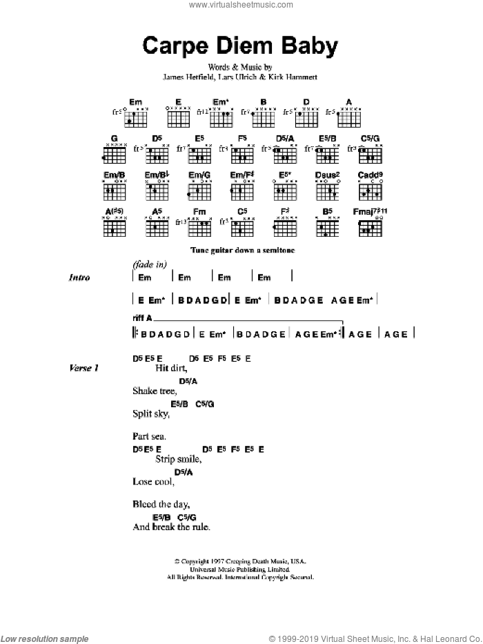 Carpe Diem Baby sheet music for guitar (chords) by Metallica, James Hetfield, Kirk Hammett and Lars Ulrich, intermediate skill level