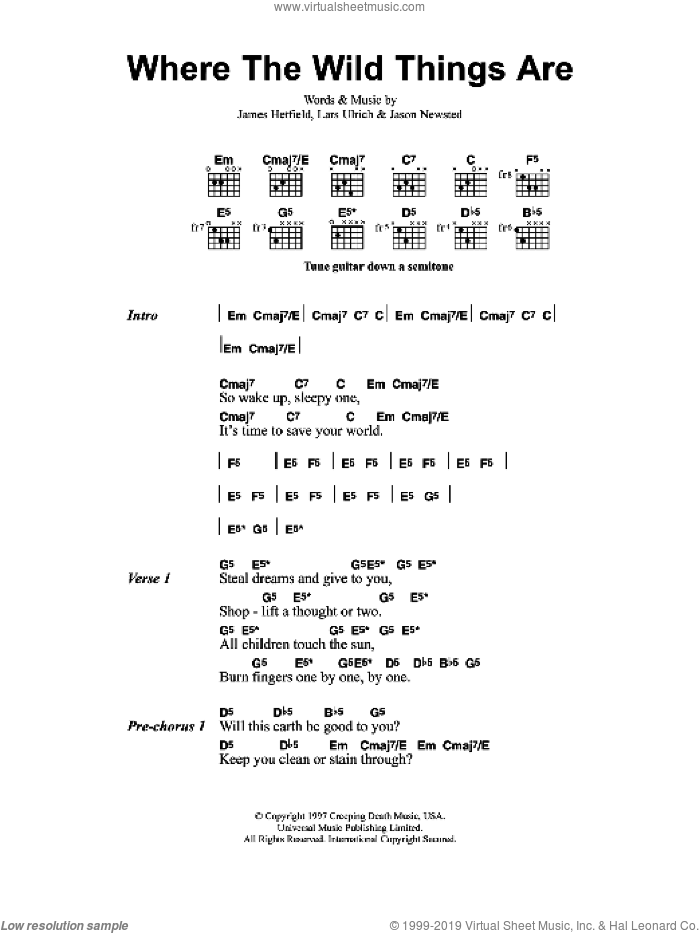 Where The Wild Things Are sheet music for guitar (chords) by Metallica, James Hetfield, Jason Newsted and Lars Ulrich, intermediate skill level