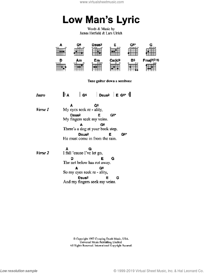 Low Man's Lyric sheet music for guitar (chords) by Metallica, James Hetfield and Lars Ulrich, intermediate skill level