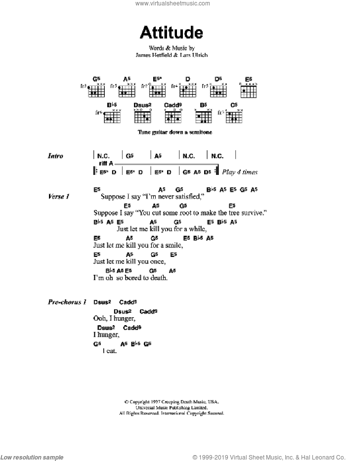 Attitude sheet music for guitar (chords) by Metallica, James Hetfield and Lars Ulrich, intermediate skill level