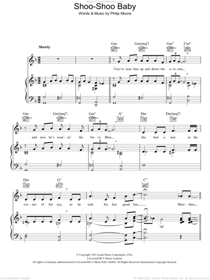 Shoo-Shoo Baby sheet music for voice, piano or guitar by Philip Moore, intermediate skill level