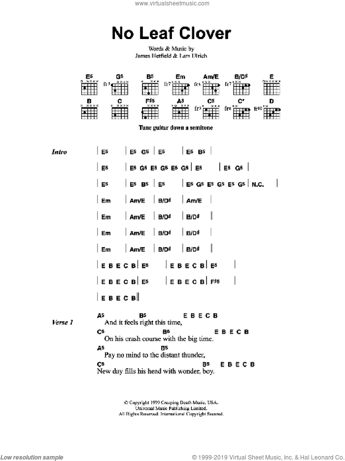 No Leaf Clover sheet music for guitar (chords) by Metallica, James Hetfield and Lars Ulrich, intermediate skill level