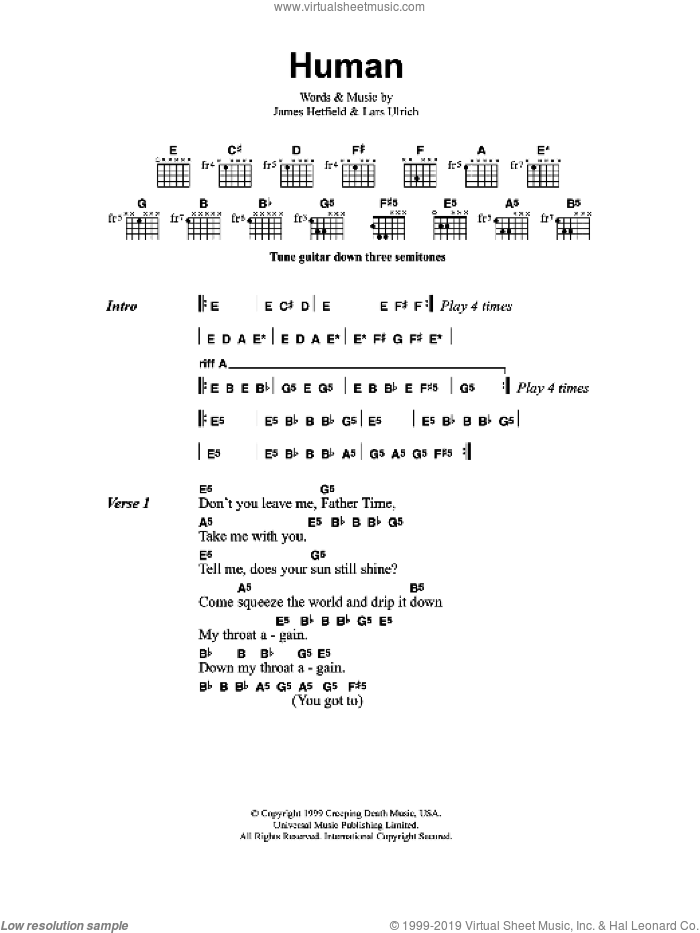 Human sheet music for guitar (chords) by Metallica, James Hetfield and Lars Ulrich, intermediate skill level