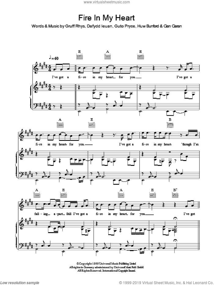 Fire In My Heart sheet music for voice, piano or guitar by Super Furry Animals, Cian Ciaran, Dafydd Ieuan, Gruff Rhys, Guto Pryce and Huw Bunford, intermediate skill level