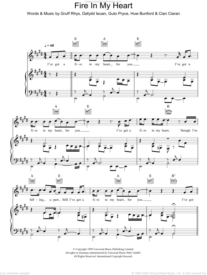 Fire In My Heart sheet music for voice, piano or guitar by Super Furry Animals, Cian Ciaran, Dafydd Ieuan, Gruff Rhys, Guto Pryce and Huw Bunford, intermediate skill level