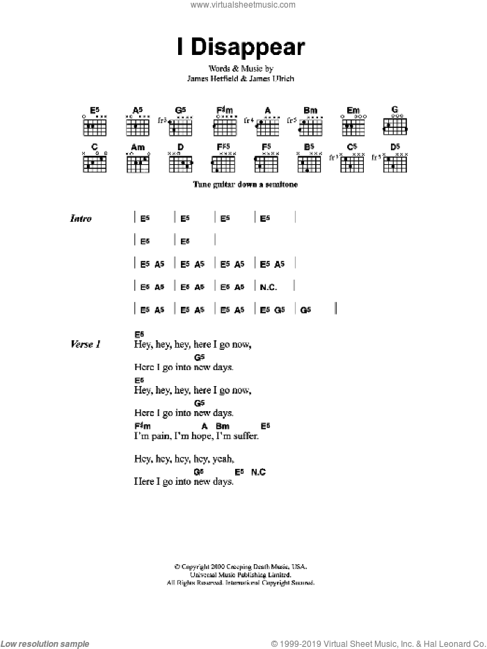 I Disappear sheet music for guitar (chords) by Metallica, James Hetfield and Lars Ulrich, intermediate skill level