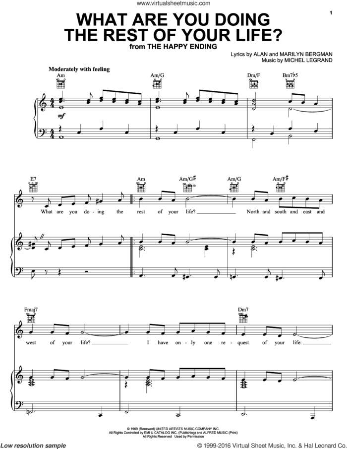 What Are You Doing The Rest Of Your Life? sheet music for voice, piano or guitar by Michel LeGrand, Mel Torme, Alan and Marilyn Bergman and Michel Legrand, Alan Bergman and Marilyn Bergman, intermediate skill level