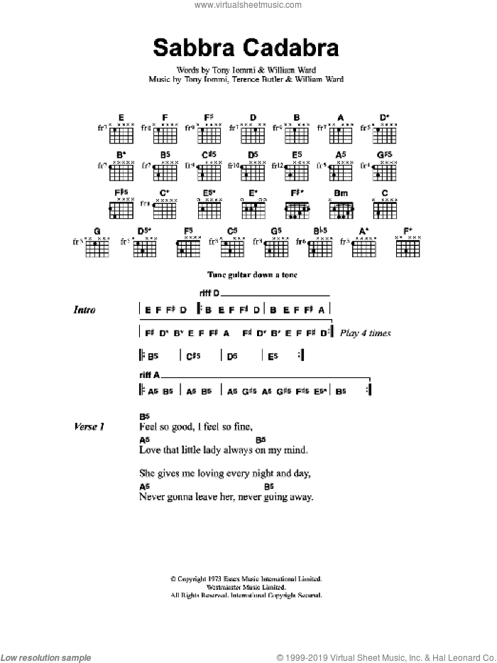 Sabbra Cadabra sheet music for guitar (chords) by Metallica, Terence Butler, Tony Iommi and William Ward, intermediate skill level