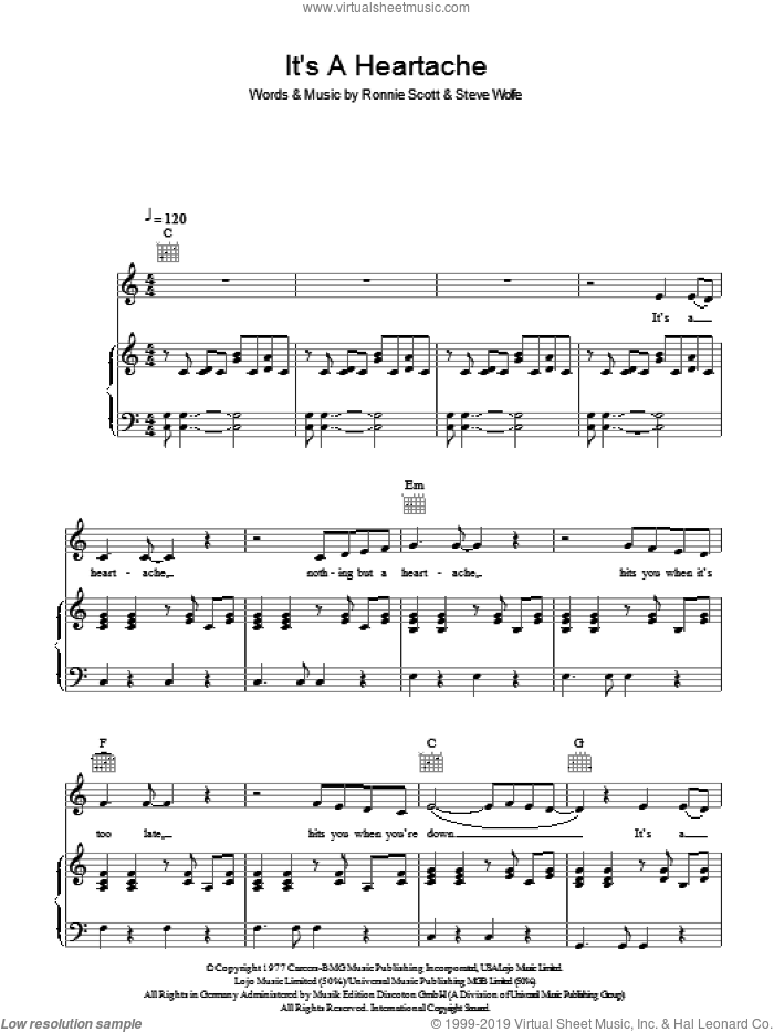It's A Heartache sheet music for voice, piano or guitar by Bonnie Tyler, Juice Newton, Ronnie Scott and Steve Wolfe, intermediate skill level
